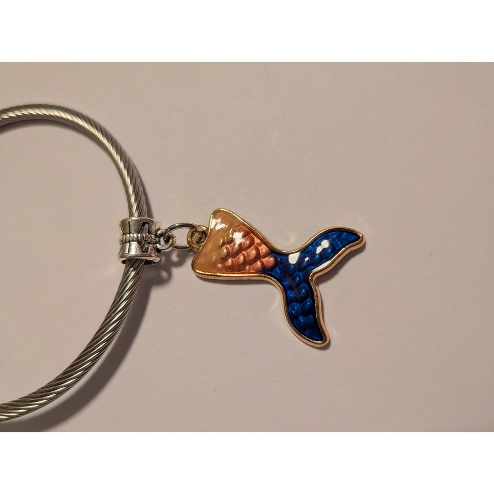Mermaid Tail Charm Blue Orange Enamel Gold Tone Coastal Jewelry